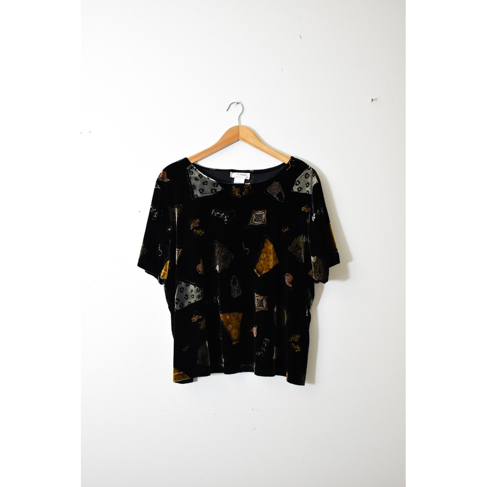 Graver Studio Velvet Top Womens 1X Black Gold Novelty Purse Print Excellent 90s